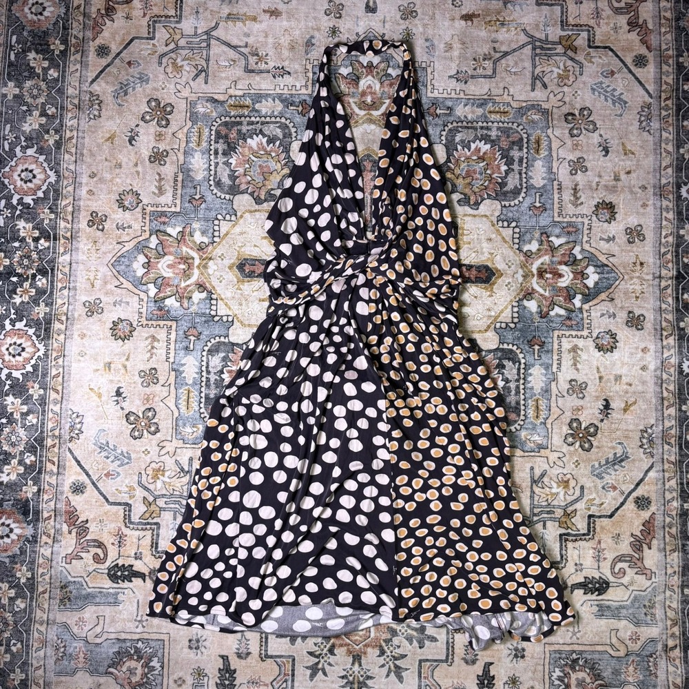 Issa London 100% Silk Halter Dress Navy Polka Dot Twist Front Midi Tie Back Date